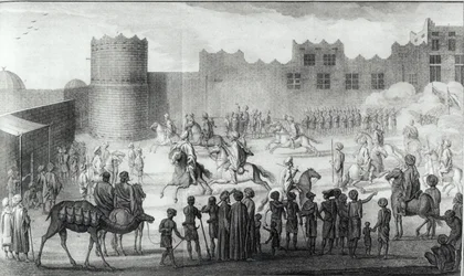 Arabische Strijders die oefenen in Jemen, uit Beschrijving van Arabië gemaakt op basis van eigen observaties en adviezen verzameld ter plaatse door Carsten Niebuhr, gepubliceerd 1774