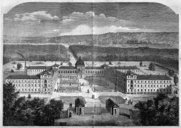 Architectuur: algemeen overzicht van het Keizerlijk Asiel voor herstellende arbeiders van de Vesinet, gebouwd volgens de plannen van architect Eugene Laval (1818-1869) en ingehuldigd in 1859.