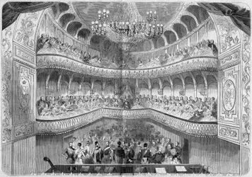 Architectuur: interieur van het theater (18e eeuw) van het paleis van Fontainebleau. Gravure in "Le Monde Illustré" nr. 61 van 12 juni 1858.