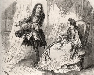 Armande Bejart (1641-1700), vrouw van Jean Baptiste Poquelin genaamd Moliere (1622-1673) met haar minnaar, de graaf van Guiche, Gravure uit 1871 in 
