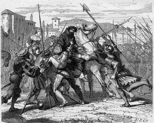 Arrestatie van Ludovic Marie Sforza genaamd de More (Ludovico Maria Sforza detto il Moro) (1452-1508) in Milaan in 1500 verraden door Zwitserse huurlingen, hij viel in handen van het Franse leger. Gravure in "Histoire De France En Cent Peintures" door Paul