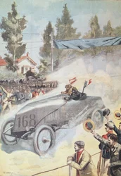 Aankomst in Bordeaux van de winnaar van de race van Parijs naar Madrid, uit Le Petit Journal, 1903