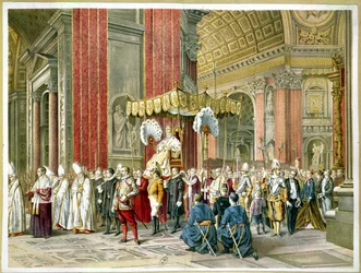 Aankomst van paus Pius IX (1835-1914) op de sedia gestatoria bij de opening van het Eerste Vaticaans Concilie 8 december 1869