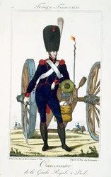 Artillerist van de Koninklijke Wacht met een kanon, uit Troupes Francaises, uitgegeven bij Basset, Parijs