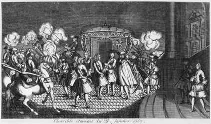 Moordaanslag op Koning Lodewijk XV (1710-74) door Robert François Damiens op 5 januari 1757