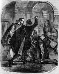 Mislukte aanslag van Jean Chastel (Jean Chatel) (1575-1594) op de koning van Frankrijk Hendrik IV op 27 december 1594. Gravure uit de 19e eeuw.
