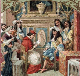 Audiëntie gegeven aan de Legaat in de kamer van de koning (Lodewijk XIV?) in het kasteel van Versailles. Chromolithografie van het einde van de 19e eeuw