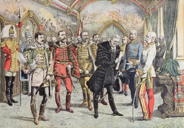 Oostenrijks-Hongaarse crisis - ontvangst van Hongaarse magnaten door keizer Franz Josef, illustratie uit Le Petit Journal, 15 oktober 1905