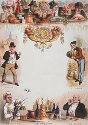 Achtergrondafdruk voor een menu met de vijf zintuigen, eind 19e eeuw (kleur litho)
