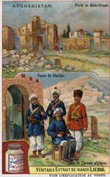 Bala-Hissar Poort in Afghanistan en soldaten van het Afghaanse leger bij de Khaiber-pas. Reclamechromolithografie uit de 19e eeuw.