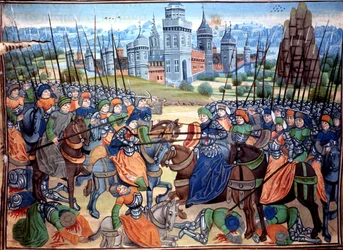 Slag tussen kruisvaarders en heidense troepen bij de stad Aleppo,ca.1464 (manuscript)