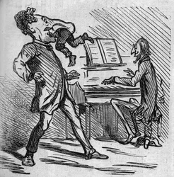 Voor het zingen van de muziek van Mr. Offenbach, wordt tenor Hyacinthe geslagen om wat verlichting te geven aan zijn hoge noten. De Frans genaturaliseerde Duitse componist Jacques Offenbach (1819-1880) speelt piano en Louis Hyacinthe Duflost, alias Hyacint