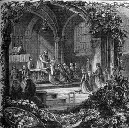 Bernadette Soubirous (1844-1879) tijdens haar eerste communie. 19e eeuw (na 1858). Gravure in "Notre Dame de Lourdes" door Henri Lasserre