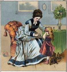 Berthe huilt omdat ze net haar vinger heeft geprikt tijdens het naaien. Haar moeder berispt haar omdat ze vergat de naald te gebruiken. Chromolithografie uit 