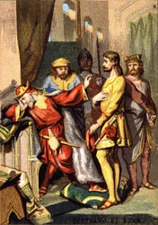 Bertran (Bertrand) de Born (1140 - 1215) troubadour perigordin, heer van Hautefort, voor Hendrik II (1133 - 1189) van Engeland. Chromolithografie uit de serie 