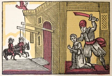 Blauwbaard uit Histories or Tales of Past Times verteld door Moeder de Gans, met moraal, door M Perrault, pub. 1925 (handgekleurde houtsnede)