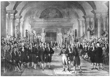 Bonaparte, Eerste Consul (1769-1821) bezoekt de leden van de Academie des Sciences in het Louvre, begin 19e eeuw