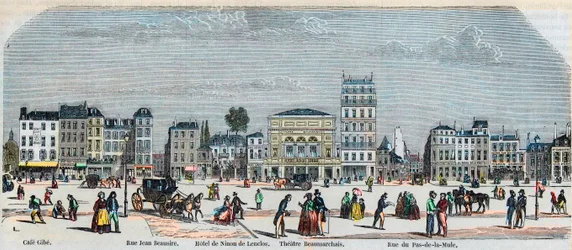 Boulevard Beaumarchais zuidzijde - Café Gibe - Hotel de Ninon de Laclos - Théâtre Beaumarchais - Rue pas de la mule - Gravure in 