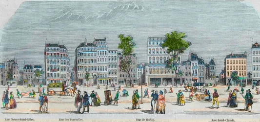 Boulevard Beaumarchais zuidkant - rue Neuve-Saint-Gilles - Rue des Tournelles - Rue de Harlay - Rue Saint-Claude - Gravure in 