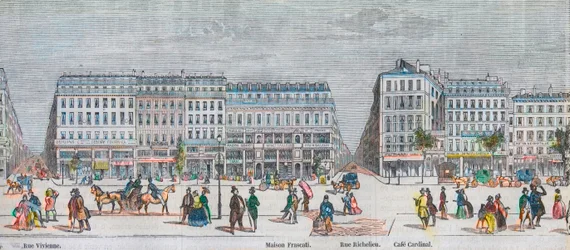 Boulevard Montmartre zuidkant en boulevard des Italians zuidkant - Rue Vivienne - Maison Frascati - Rue Richelieu - café Cardinal - Gravure in "Tableau-de-Paris" door Edmond Texier 1852