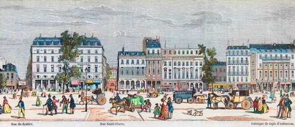 Boulevard Poissonnière zuidzijde - Rue du Sentier - Rue Saint Fiacre - Gravure in 