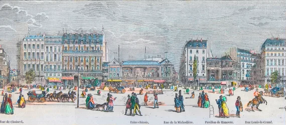 Boulevard des Italians zuidkant en Boulevard des Capucines zuidkant - Rue de Choiseul - Bains chinois - Rue de la Michodiere - Pavillon de Hanover - Rue Louis-le-Grand - Gravure in 