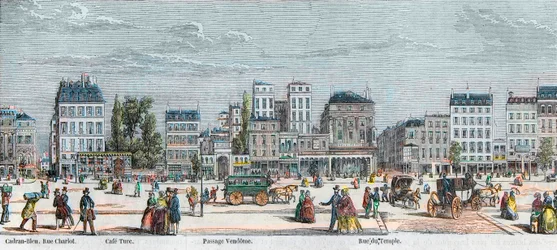 Boulevard du Temple zuidzijde - Rue Charlot - Café Turk - Passage Vendome - Rue du Temple - Gravure in 