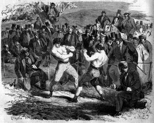 Bokswedstrijd tussen de Engelsman Thomas Sayers (1826-1865) en de Amerikaan John Carmel Heenan (1833-1873) in Aldershot, Engeland, 17 april