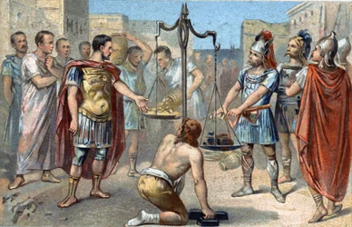 Brennus, leider van de Gallische stam van de Senonen, spreekt het noodlottige Vae victis (Wee de overwonnenen!) uit en werpt zijn zware zwaard op de schaal van de weegschaal die het gouden tribuut afwoog dat hij van de Romeinen eiste om het beleg van Ca