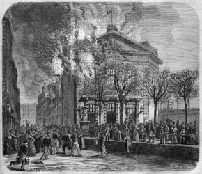 Brest, brand van het theater op 11 maart 1866, gebouwd in 1766 door Choquart de Lindu, gravure naar een tekening van Clerget en Moraine en naar een foto van de gebroeders Mage, in 