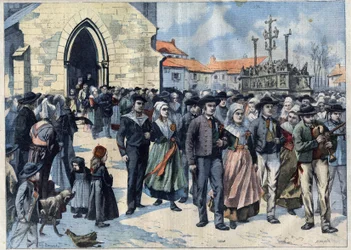 Bretonse gewoonte: Traditioneel huwelijk in Plougastel (Finistère, Bretagne). Huwelijken verlaten de kerk. Gravure in Le Petro Parisien