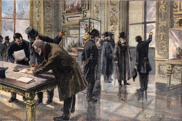 Inbraakpoging in het Louvre museum, in Parijs, Illustratie uit de Franse krant Le Petit Parisien, 2 februari