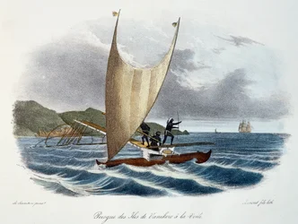 Kano met zeil van de Vanikoro-eilanden, Salomonseilanden (archipel), kleuren gravure uit Voyage of discovery of the Astrolabe ondernomen in opdracht van de koning, tijdens de jaren 1826-1829, door Jules-Sebastien-Cesar Dumont d