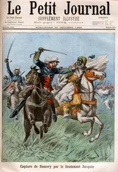 Gevangenneming van Samory Toure (circa 1830-1900), Soedanese leider en tegenstander van de Franse kolonisatie in Afrika, door kapitein Gouraud en luitenant Jacquin. Soedan