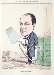 Karikatuur van baron Georges Eugène Haussmann (1809-91) als metselaarsknecht, ca. 1870
