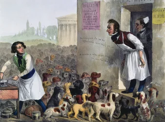 Karikatuur van Parijzenaars die met hondsdolle honden omgaan, ca. 1840