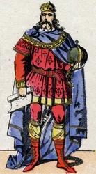 Karolingische dynastie: Portret van Karel de Grote, keizer. Epinal afbeelding eind 19e eeuw. Privécollectie.