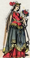Karolingische dynastie: Portret van Hildegarde van Vintzgau (ca. 758-783), echtgenote van Karel de Grote (Carolus Magnus, 742-814). Epinal afbeelding uit het einde van de 19e eeuw. Privécollectie