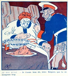 Cartoon die het hebzuchtige gedrag van Bulgarije bekritiseert over de verdeling van Macedonië tijdens de Balkanoorlogen 1912-13
