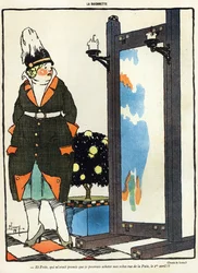 Cartoon van een Duitse dame teleurgesteld dat ze haar nieuwe kleren niet in Parijs kan kopen in de rue de la Paix, uit de 1 april editie van La Baionette magazine, 29 maart 1917