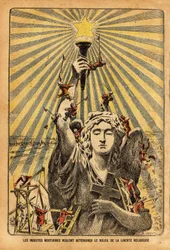 Cartoon voor de kerk, "nachtelijke insecten willen de zon van de godsdienstvrijheid verergeren"", in het politieke debat dat Frankrijk aan het begin van de 20e eeuw in beroering bracht, over de laïcisering van instellingen in het kader van de scheiding van