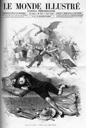 Cartoon van een jonge scholier die het einde van de vakantie betreurt, naderende klasverhuur in 1888