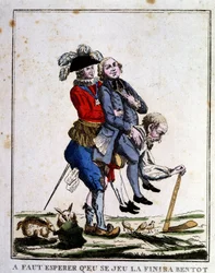 Spotprent over belastingen vóór de Revolutie: geestelijkheid en adel leven op de rug van de Derde Stand, circa 1789