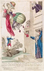 Spotprent die mode en ballonvaren belachelijk maakt, ca. 1783-4