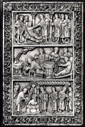 Gesneden plaquette voor een boekomslag met scènes uit het leven van St. Remigius en de doop van Clovis I