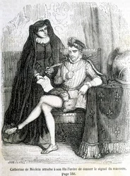 Catherine de Medici dwingt haar zoon (Karel IX) om het bevel te geven voor het signaal van de Bloedbruiloft in 1572 - in 
