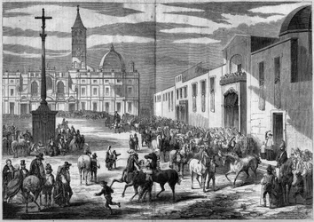 Katholiek feest - Sint Antonius: zegenen van paarden op het plein van de Kerk van Santa Maria Maggiore, Rome, Italië, januari 1859. Voor de kerk een granieten zuil bekroond met een kruis (1595) ter herdenking van de bekering van Hendrik