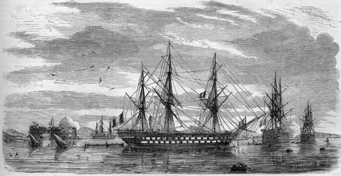 Katholiek feest: Goede Vrijdag (Heilige Vrijdag) in Toulon (Var, 83) in 1858. De schepen hebben hun stangen in kruis en hun vlaggen halfstok als teken van rouw. Gravure in 