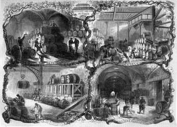 Kelders van het Magazijn van wijnen en brandewijnen in Parijs; 1858. Gravure in 