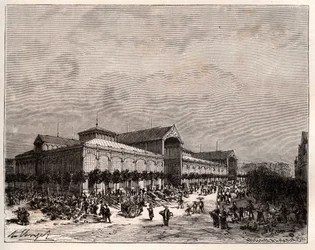 Centrale hallen in Parijs in de 19e eeuw - gravure in 